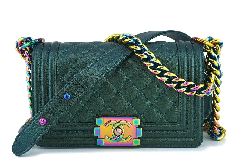 16C Chanel Iridescent Emerald Green Small Boy Classic Flap Bag Rainbow HW