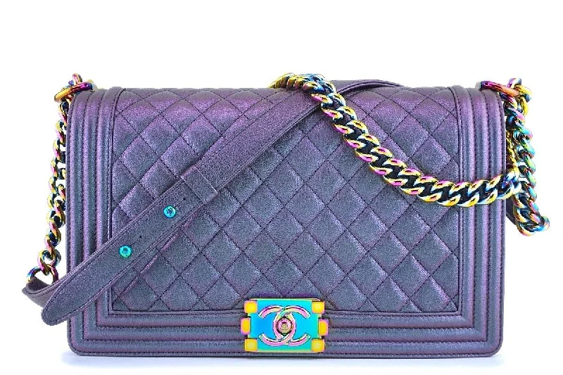 16C Chanel Iridescent Purple Mermaid Rainbow Classic Medium Large Boy Bag