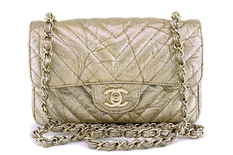 Chanel 18S Gold Crumpled Calf Patent Chevron Rectangular Mini Classic Flap Bag GHW