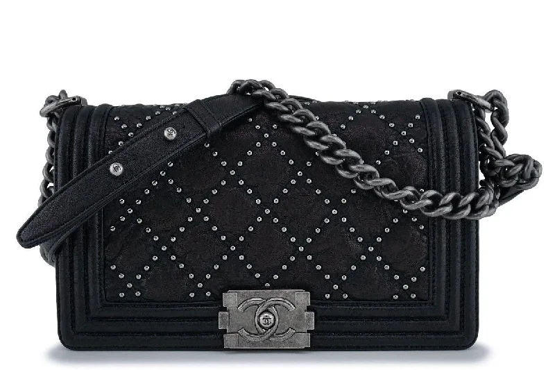 Chanel Black Crumpled Calf Studded Medium Classic Boy Flap Bag RHW