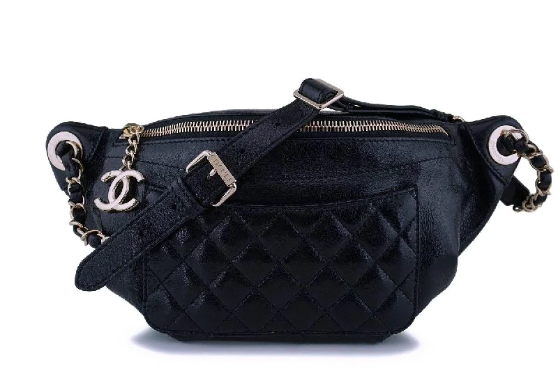 Chanel Black Glazed Calfskin "Pocket" Banane Fanny Pack Belt Bum Bag GHW