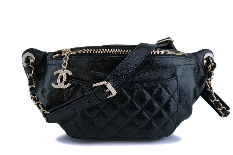 Chanel Black Glazed Calfskin "Pocket" Banane Fanny Pack Belt Waist Bag GHW