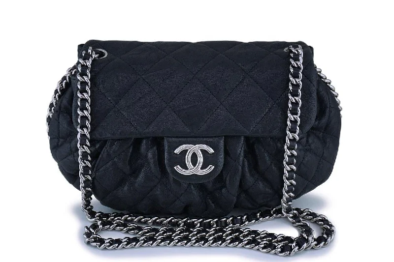 Chanel Black Textured Calf Medium Chain Around Crossbody Flap Bag SHW