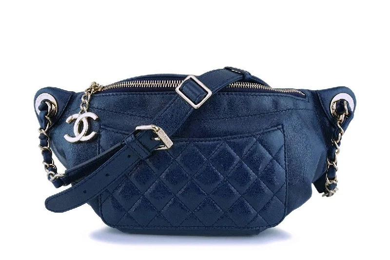 Chanel Blue Glazed Calfskin "Pocket" Banane Fanny Pack Belt Waist Bag GHW