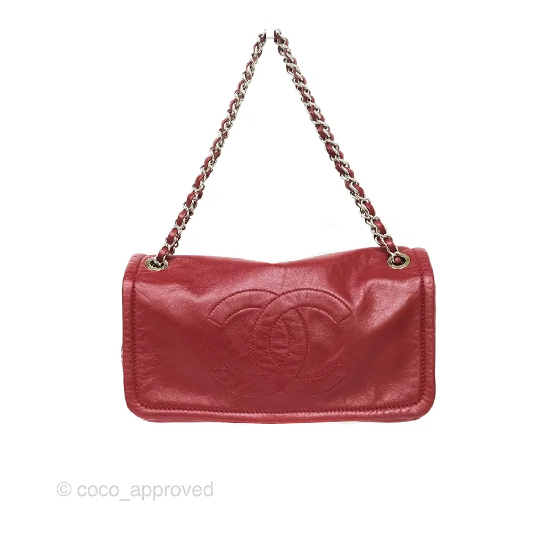 Chanel CC Flap Shoulder Bag Dark Red Crumpled Leather Silver Hardware