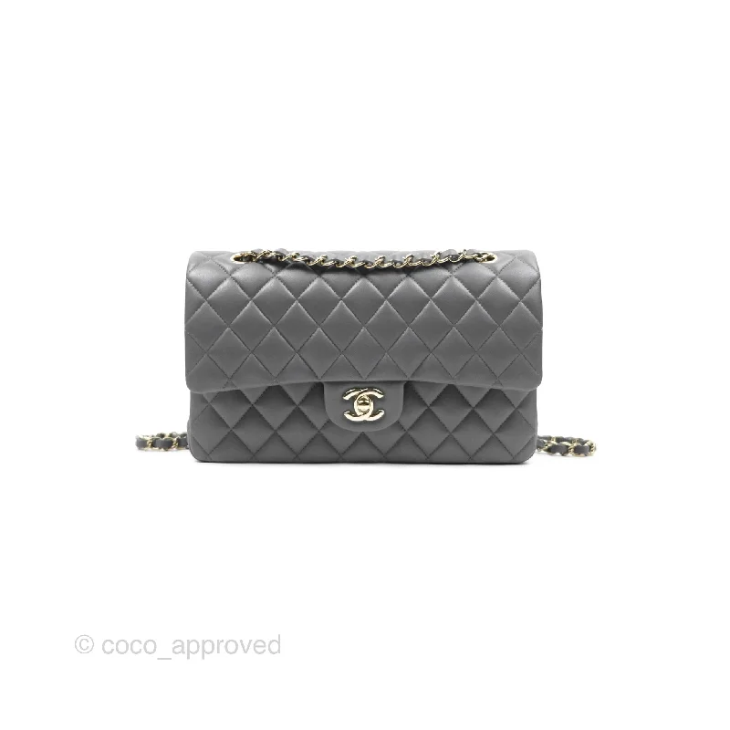 Chanel Classic M/L Medium Flap Quilted Grey Lambskin Gold Hardware