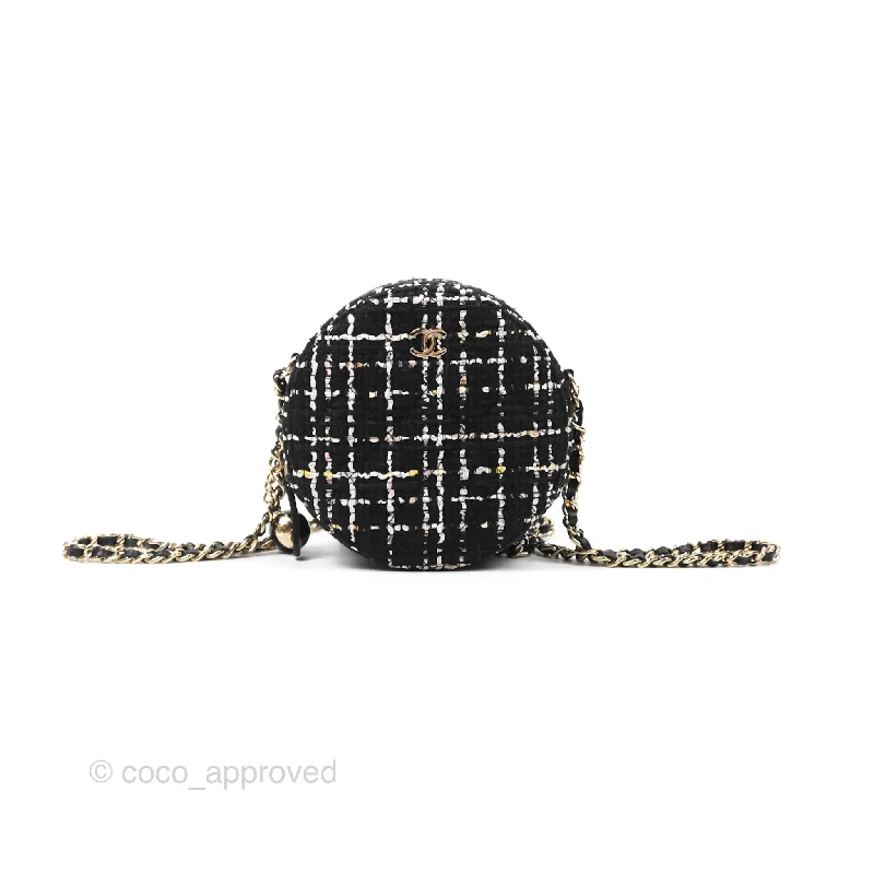 Chanel Classic Quilted Round Clutch With Chain Black Tweed Gold Hardware