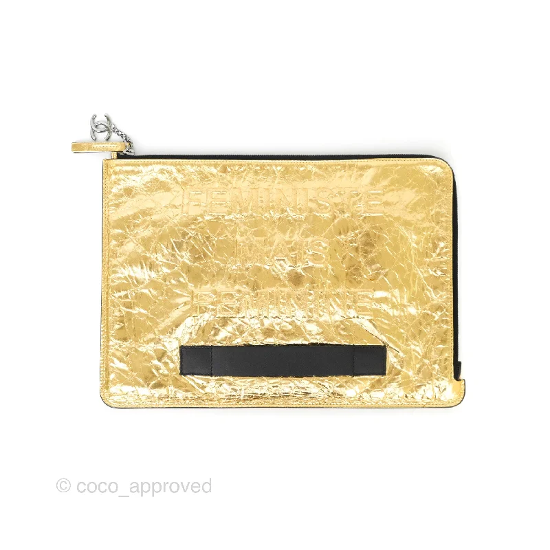 Chanel Large Feministe Maize Feminine Pouch Clutch Metallic Gold Crumpled Lambskin