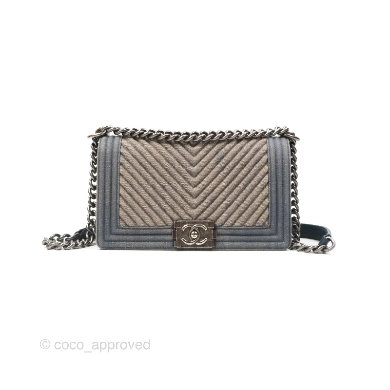 Chanel Medium Chevron Boy Washed Denim Ruthenium Hardware