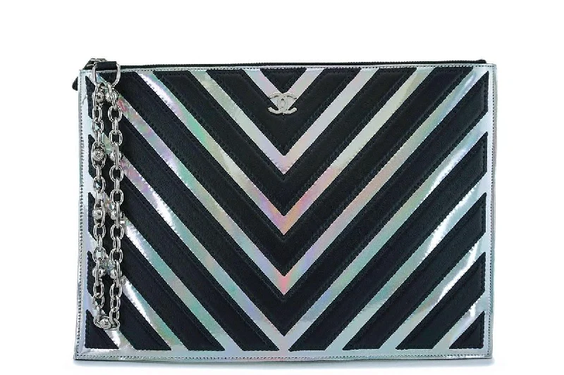 Chanel Medium-Large Iridescent Black Silver O Case Clutch Pouch Bag