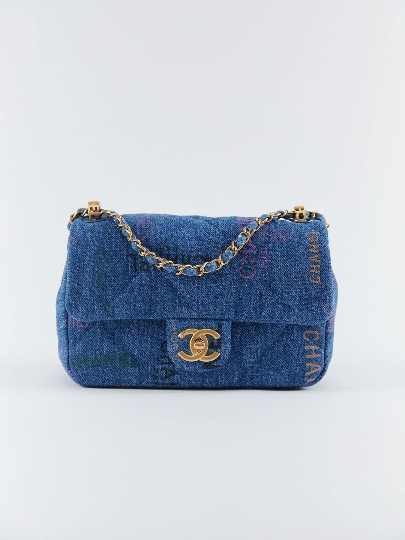 Chanel Mini Denim Rectangle Signature Print Flap Bag