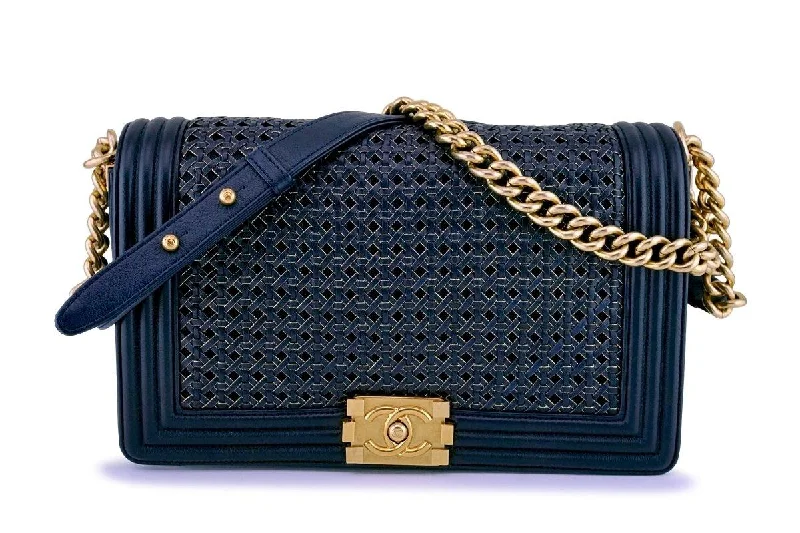 Chanel Navy Blue Gold-Trimmed Woven Boy Flap Bag