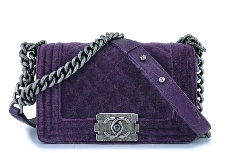 Chanel Purple Velvet Small Classic Boy Flap Bag RHW