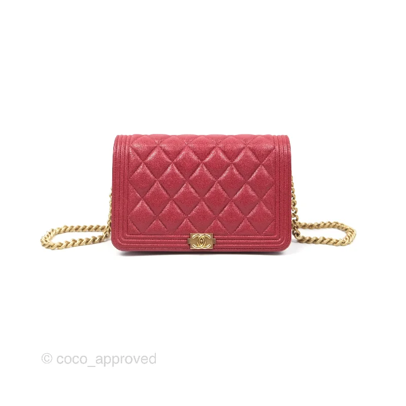 Chanel Quilted Boy Wallet on Chain WOC Red Caviar Aged Gold Hardware