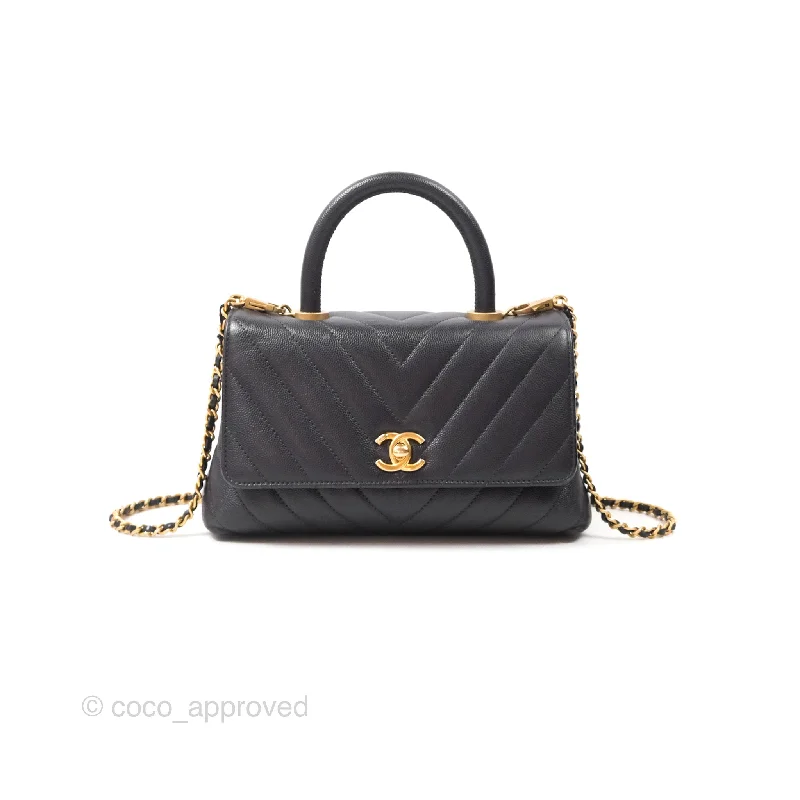 Chanel Small Coco Handle Chevron Dark Grey Caviar Aged Gold Hardware