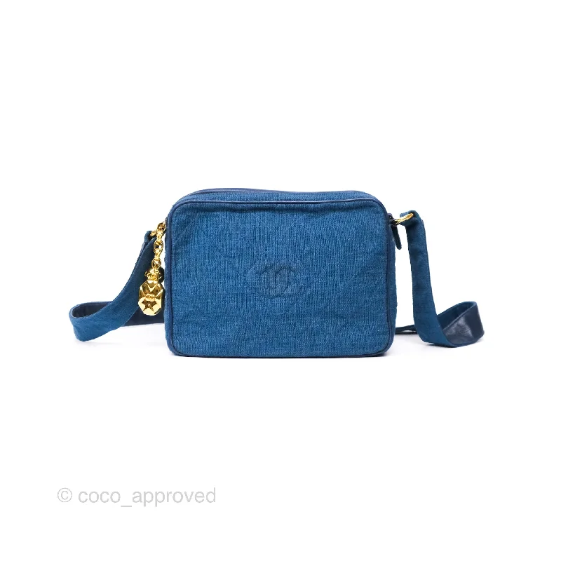 Chanel Vintage Camera Bag Blue Fabric Gold Hardware