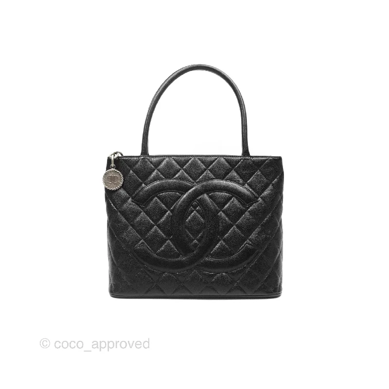 Chanel Vintage Medallion CC Black Caviar Tote Bag Silver Hardware