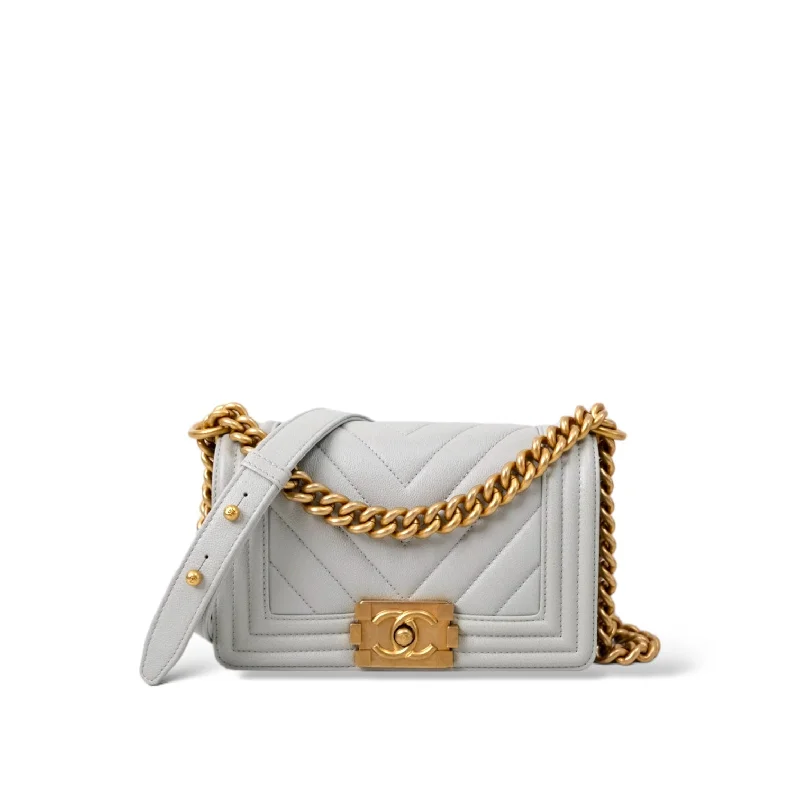 Chanel Le Boy Small Chevron Pale Gray/Blue -Microchip