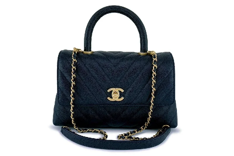 New 18A Chanel Navy Chevron Caviar Coco Lizard Handle Flap Bag