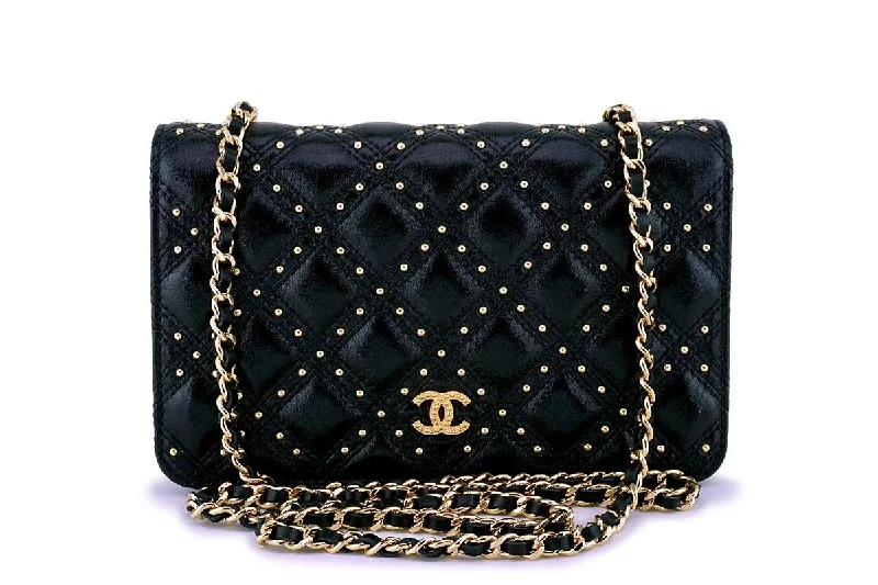 New 18B Chanel Black Studded Calfskin Classic Wallet on Chain WOC Flap Bag