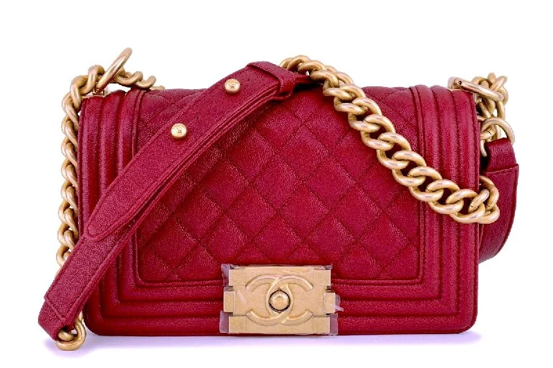 New 18B Chanel Dark Red Caviar Small Classic Boy Flap Bag GHW