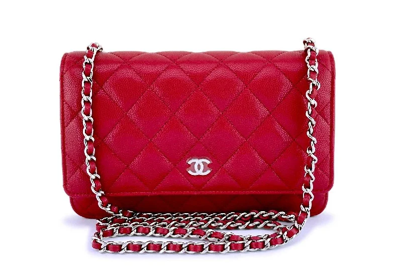 New 18B Chanel Red-Pink Caviar Classic Wallet on Chain WOC Flap Bag