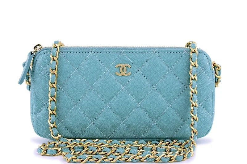 New 18C Chanel Irisdescent Blue Caviar Double Zip Wallet on Chain Clutch WOC Bag