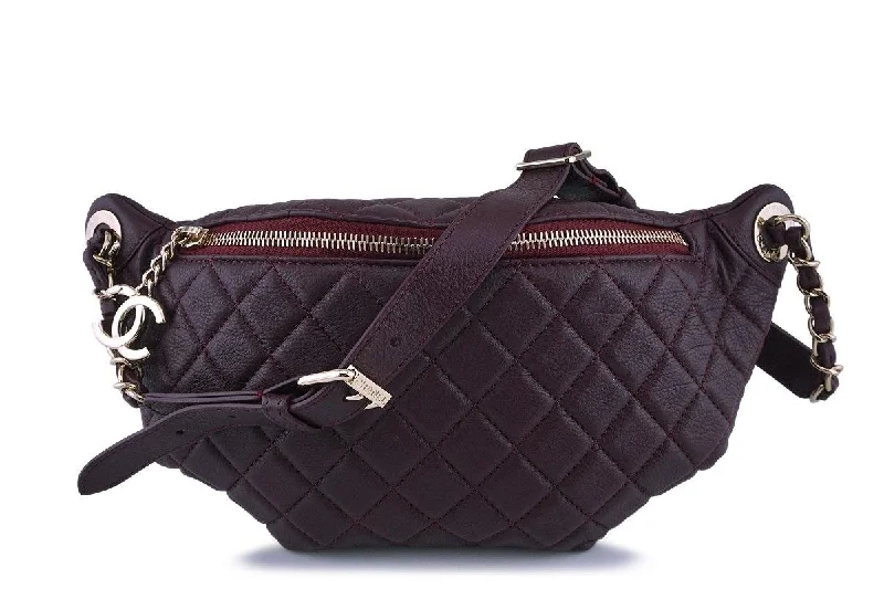 NIB 18K Chanel Plum Burgundy Grained Calf Soft Banane Fanny Pack Waist Bag GHW