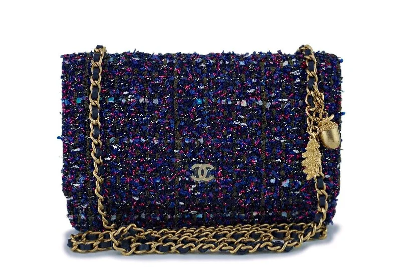 NIB 18K Chanel Purple Tweed Wallet on Chain w/Charms WOC Mini Flap Bag GHW