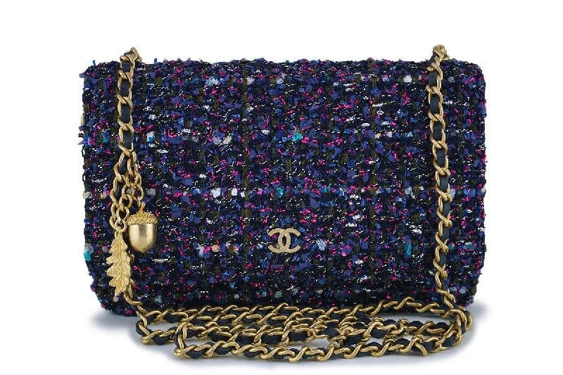 NIB 18K Chanel Purple Tweed Wallet on Chain w/Charms WOC Mini Flap Bag GHW