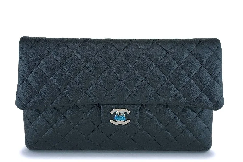 NIB 18S Chanel Iridescent Charcoal Gray Caviar Timeless Classic Clutch Bag GHW