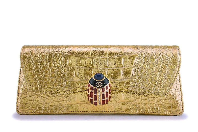 NIB 19A Chanel Gold Crocodile Embossed Limited Evening Clutch Bag