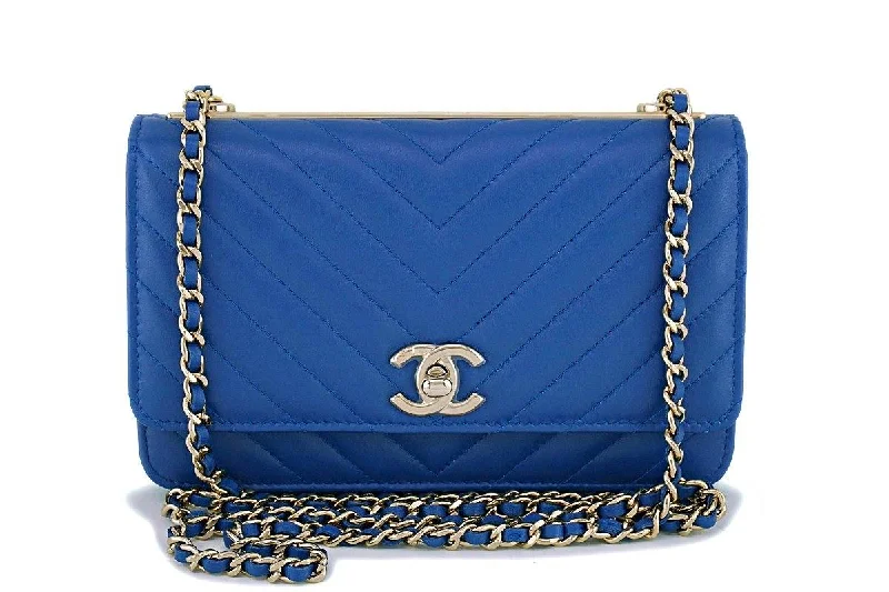 NIB 19C Chanel Blue Chevron Trendy CC WOC Wallet on Chain Flap Bag GHW