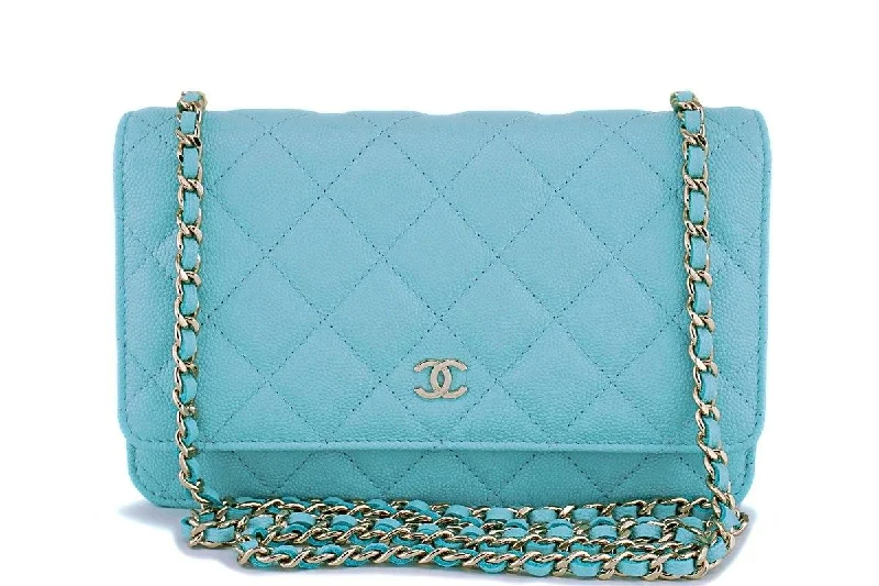 NIB 19C Chanel Lt Turquoise Blue Caviar Classic Wallet on Chain WOC Mini Flap Bag GHW