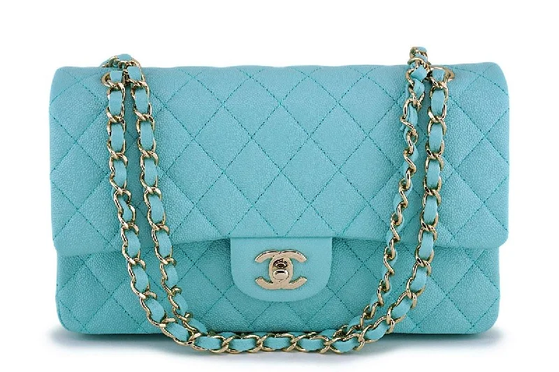 NIB 19C Chanel Lt Turquoise Blue Caviar Medium Classic Double Flap Bag GHW