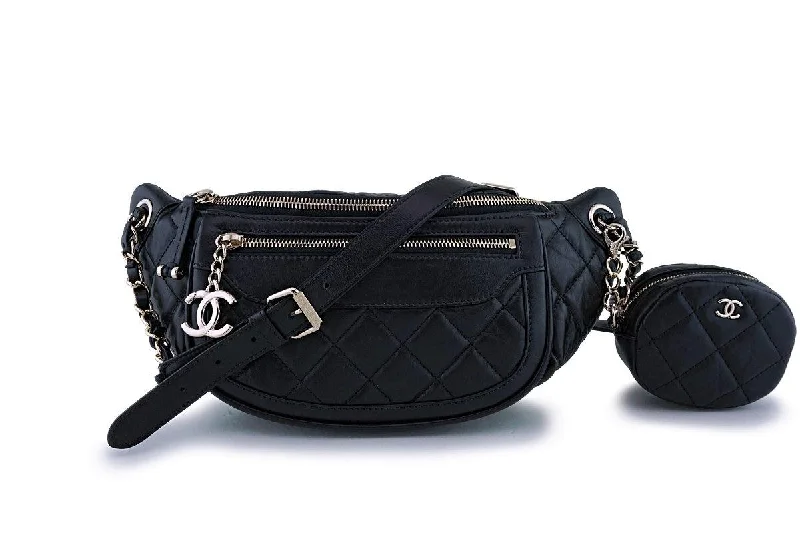 NIB 19K Chanel Black Aged Calfskin Pocket Fanny Pack Waist Bag Coin Purse