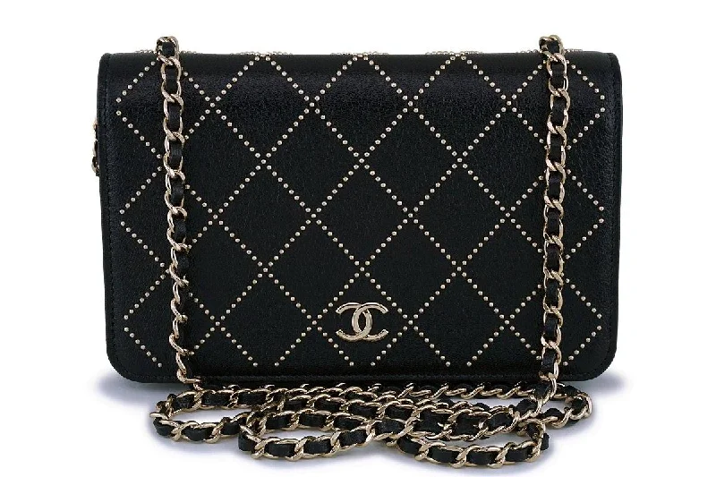 NIB 19P Chanel Black Studded Goatskin Classic Wallet On Chain WOC Flap Bag GHW