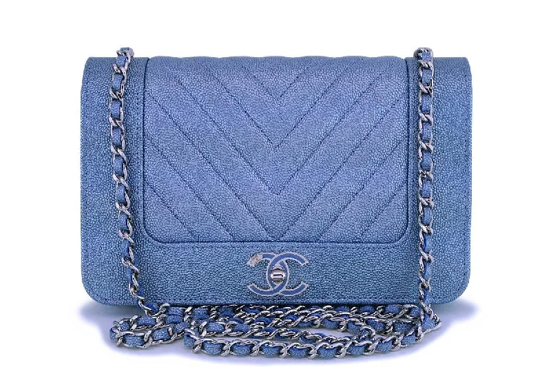 NIB 19P Chanel Pearly Blue Iridescent Chevron Wallet on Chain WOC Flap Bag