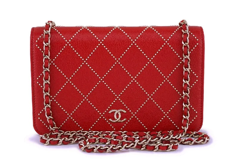 NIB 19P Chanel Red Goatskin Studded Classic Wallet on Chain WOC Flap Bag GHW