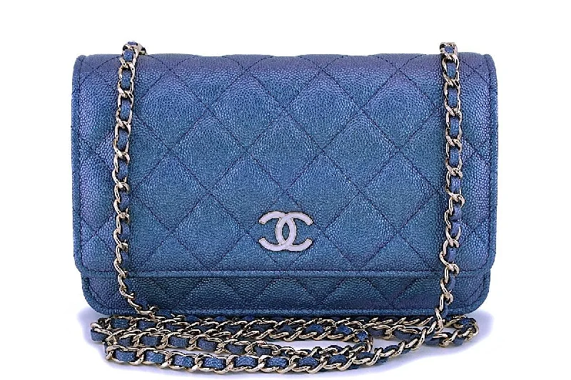 NIB 19S Chanel Iridescent Blue Pearly CC Wallet on Chain WOC Flap Bag