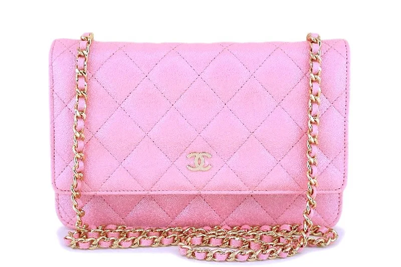 NIB 19S Chanel Iridescent Pearly Pink Caviar Wallet on Chain WOC Flap Bag