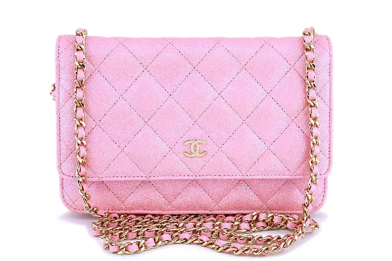 NIB 19S Chanel Iridescent Pearly Pink Classic Wallet on Chain WOC Flap Bag GHW