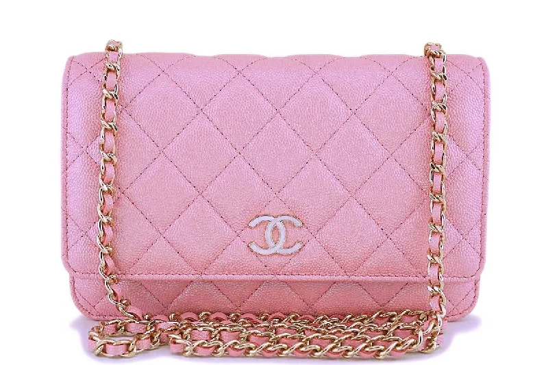 NIB 19S Chanel Iridescent Pink Caviar Classic Wallet on Chain Pearly CC WOC Bag