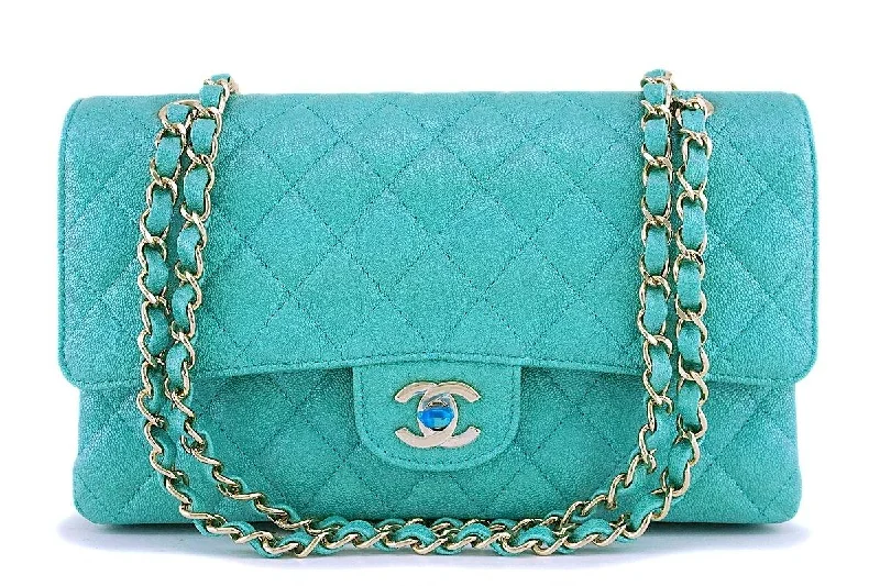 NIB 19S Chanel Iridescent Turquoise Green Caviar Medium Classic Double Flap Bag GHW