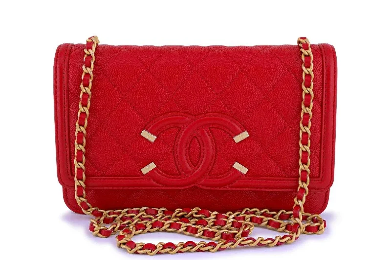 NIB 18P Chanel Red Caviar Filigree WOC Wallet on Chain Flap Bag