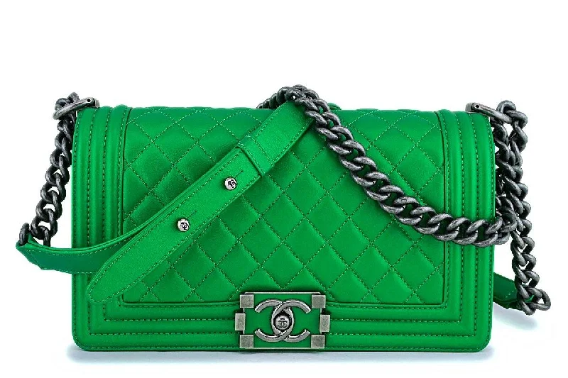 Rare Chanel 14K Metallic Green Medium Boy Flap Bag RHW