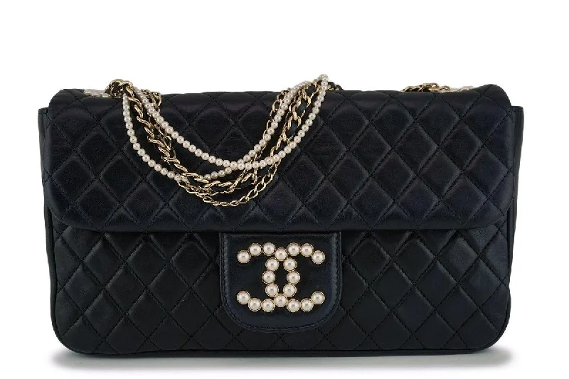 Rare Chanel Black Westminster Pearls Classic Flap Bag