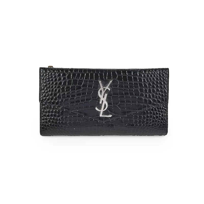 Saint Laurent Croc Embossed Wallet Clutch Black