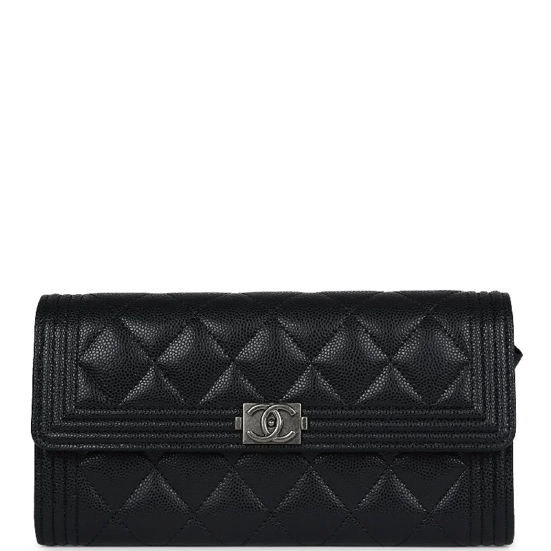 Chanel Boy Long Flap Wallet Black Caviar Aged Ruthenium Hardware