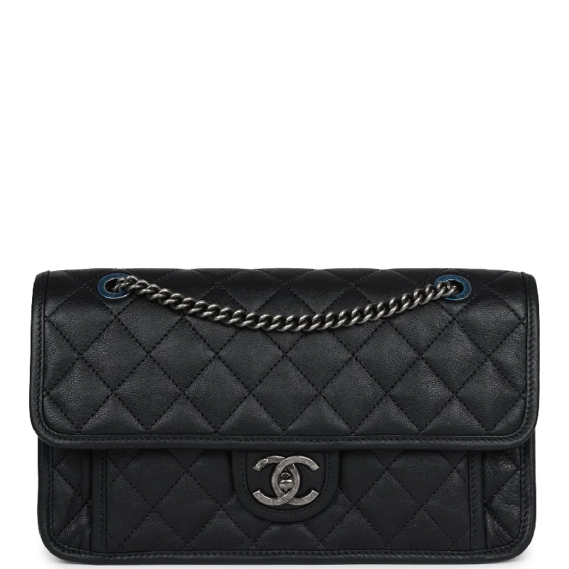 Chanel French Riviera Flap Bag Black Calfskin Aged Ruthenium Hardware